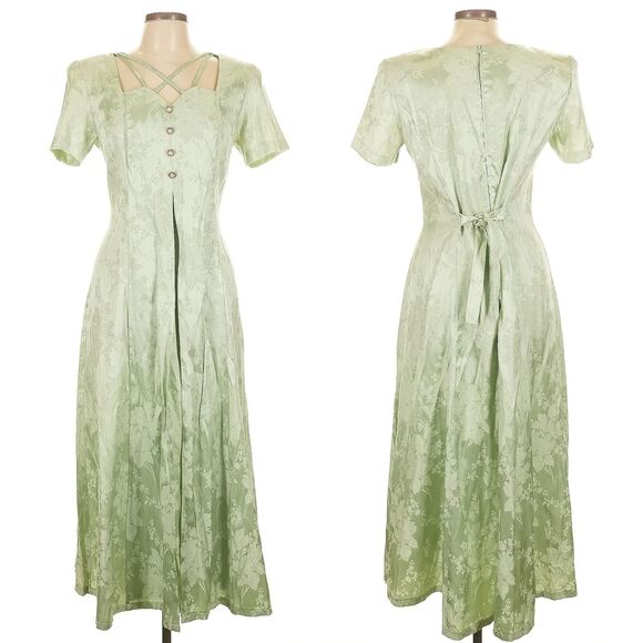 Vintage 90s Sarah Richards Maxi Dress Sage Green Floral Embossed Cottagecore 11 - Picture 9 of 14